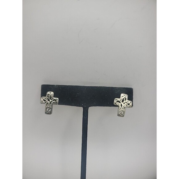 Vintage Earrings Pierced Post Stud Cross Cutout Silver Tone Jewelry Costume - Picture 6 of 12